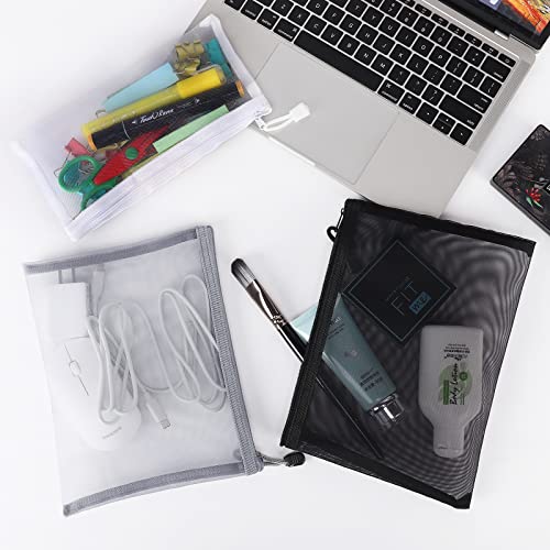12-Pack Nylon Mesh Pouches - Zipper Makeup Bags in A5+B6 Sizes (Black, White, Grey)