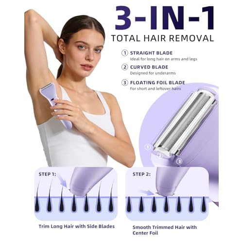 Ufree Bikini Trimmer Electric Razors for Women, Ceramic Blade Body Hair Trimmer, IPX7 Waterproof Rechargeable Lady Shaver, Personal Groomer for Legs & Pubic Hair, Gifts for Women, Purple