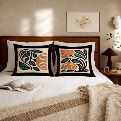 Retro Boho Floral Pillow Covers Set of 2 - 18x18 Inch