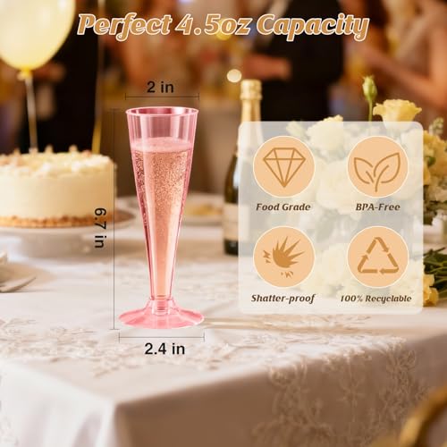 40 Pack Pink Plastic Champagne Flutes - 4.5oz Disposable Wine Glasses for Parties