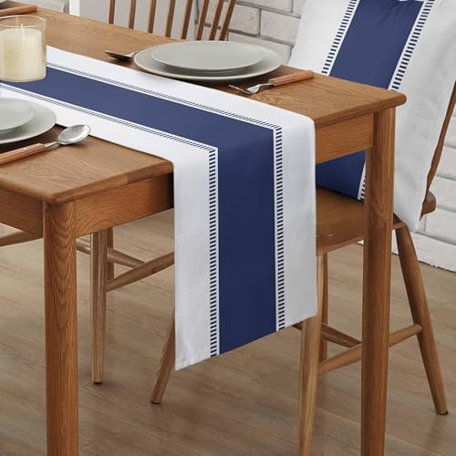 Nautical Striped Table Runner - Navy Blue & White, 13x72in