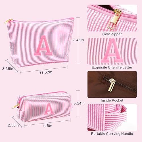 Travel Makeup Bag Set with Initials - Pink Cosmetic Pouches