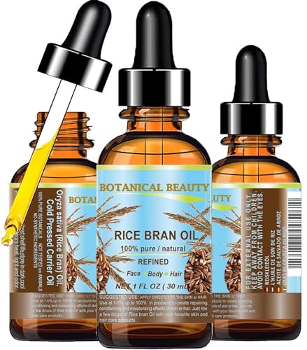 Botanical Beauty Rice Bran Oil 100% Pure 1 Fl Oz - Cold Pressed Carrier Oil for Skin, Hair & Massage