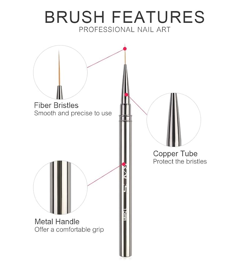 KADS Fine Liner Nail Brush Set with Metal Handle - 5 Sizes