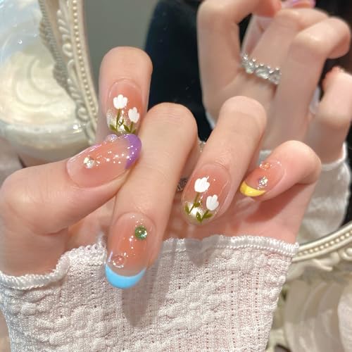 Yacey Handmade 3D Floral Press On Nails - Medium Oval Acrylic French Tips