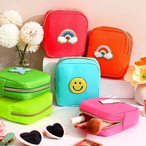 Zubebe 6-Piece Fluorescent Color Mini Nylon Makeup Bags with Chenille Letter Patches, Portable Cosmetic & Travel Pouch Set for Women
