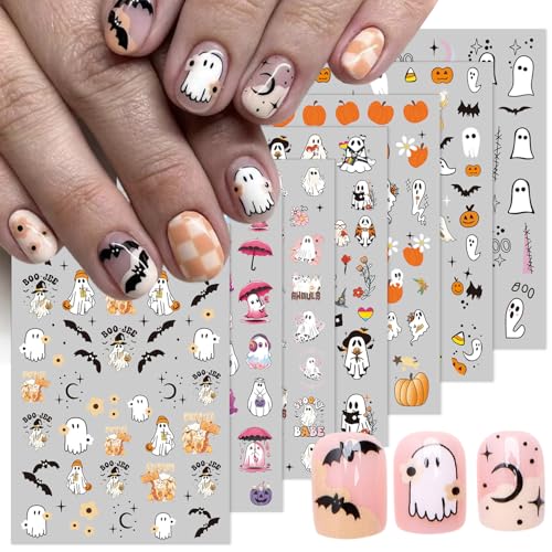 3D Halloween Nail Art Stickers - 8 Sheets Pumpkin, Ghost & Bats