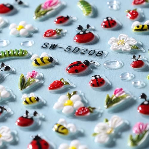 Spring Nail Art Stickers - 2 Sheets of 5D Ladybugs & Flowers