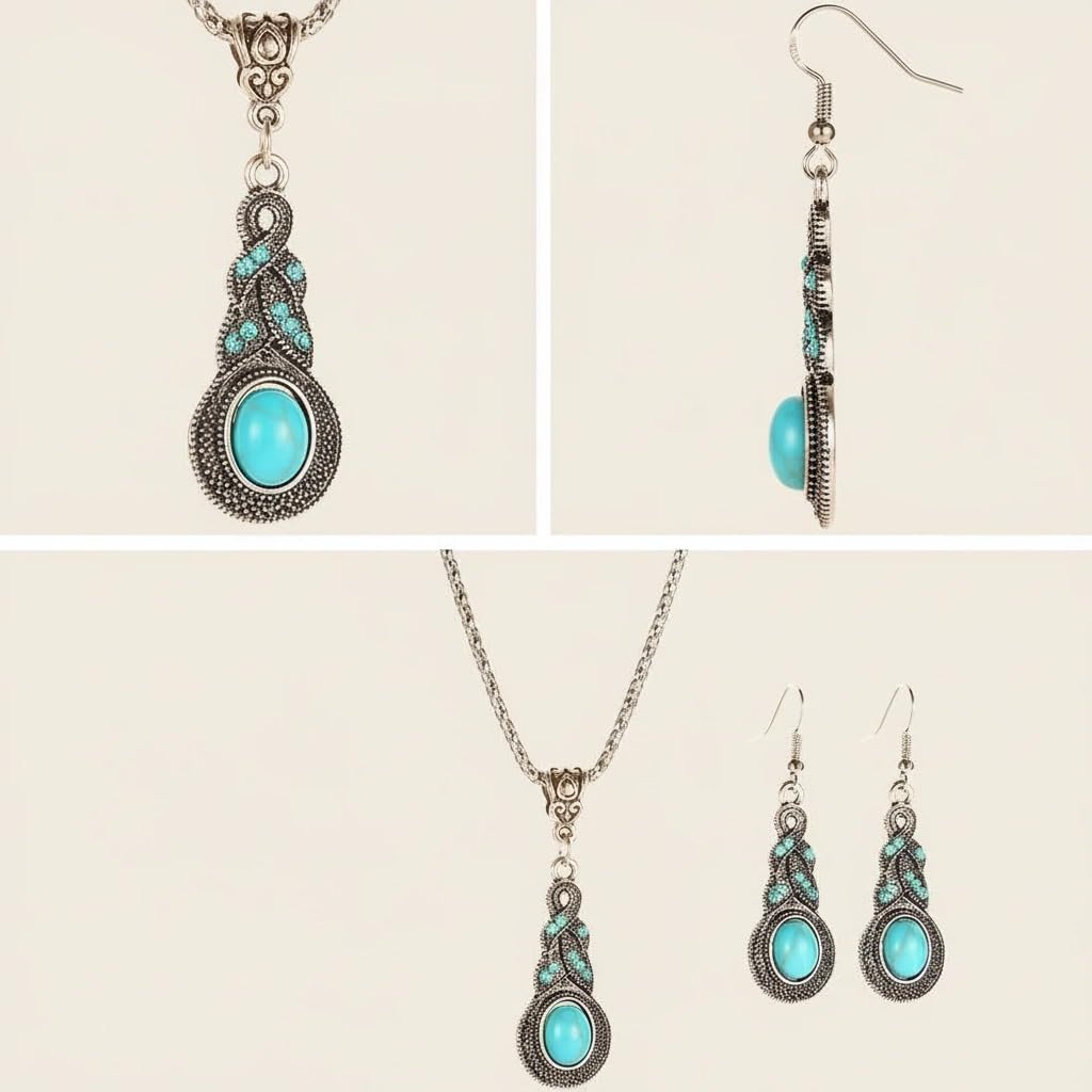 2-Piece Turquoise Style Jewelry Set for Women – Vintage Western Necklace and Drop Earrings – Boho Teal Statement Accessories