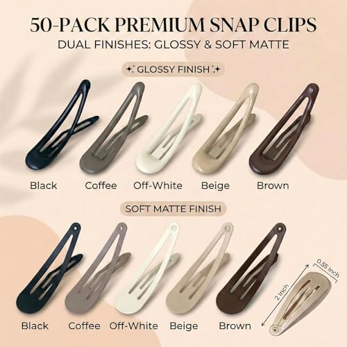 50 Pack 2 Inch Snap Hair Clips for Women - Glossy & Matte Neutrals