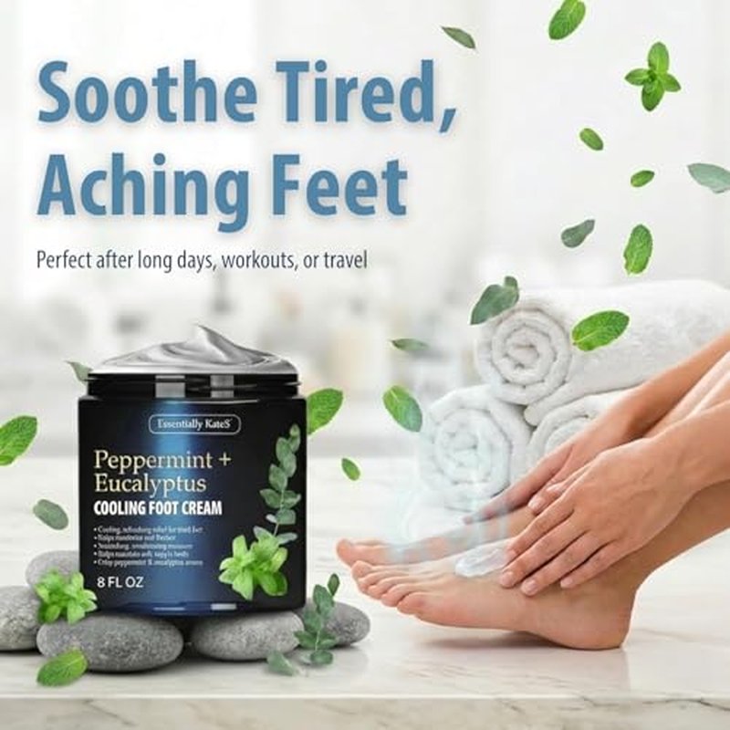Essentially KateS Peppermint + Eucalyptus Cooling Foot Cream 8 Fl Oz ? Relieves Dry, Cracked, Tired Feet ? Deep Hydration with Ceramides ? Non-Greasy Formula
