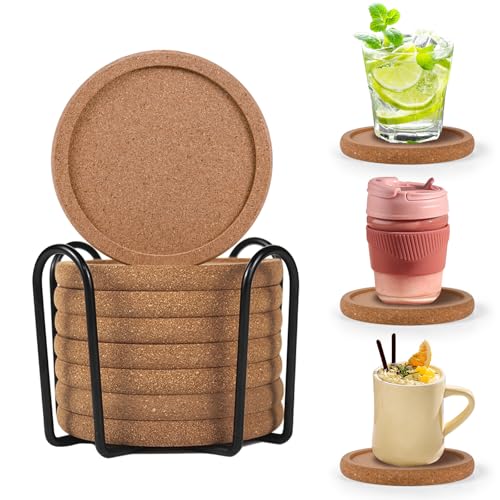 Cork Coasters Set of 8 with Holder - 4" Diameter, Heat Resistant