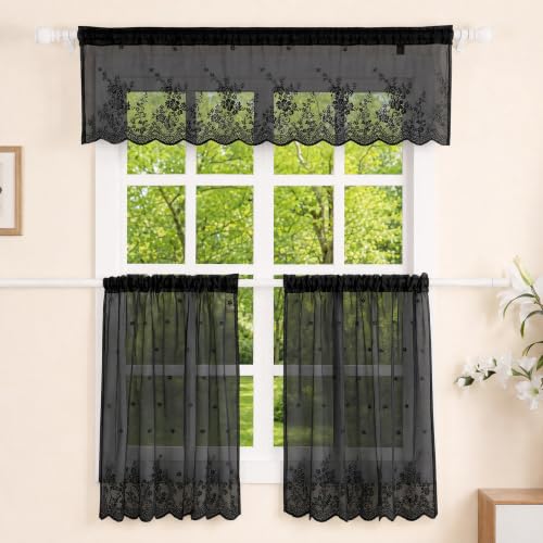 Molaxhome Black Lace Floral Semi Sheer Kitchen Valance 51x16