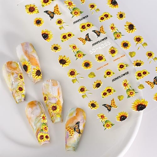 Puyokinm 5D Embossed Sunflower Nail Stickers Self-Adhesive Floral Summer Nail Decals for Women Girls 4 Sheets