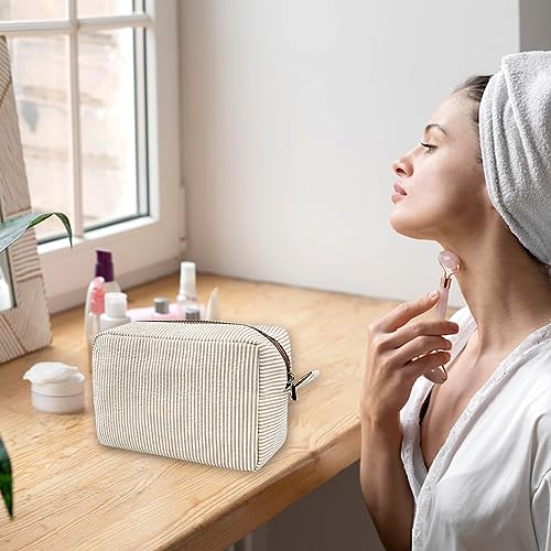 GFU Seersucker Cosmetic Bag for Women - Large Travel Makeup Organizer