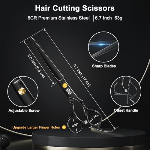 CIICII Hair Cutting Scissors Shears Kit, Professional Barber Haircut Scissors Set (6.7 Inch Hair Beard Hairdressing Trimming Haircutting Thinning Shears) for Men Women Hairdresser Home Salon (Black)
