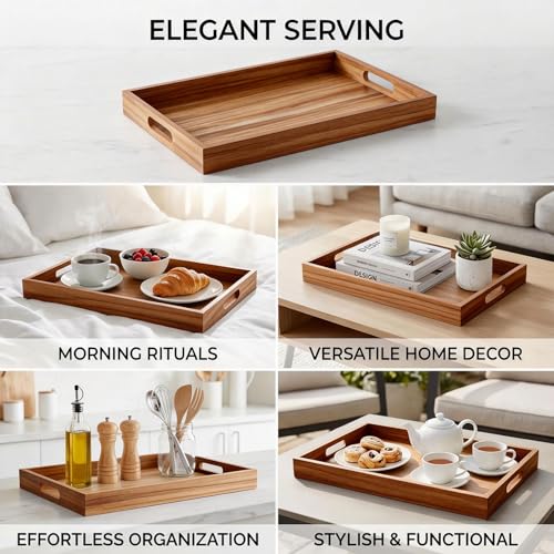 Krismax Rustic Wooden Serving Tray with Handles - 15.7x11.4 Inch