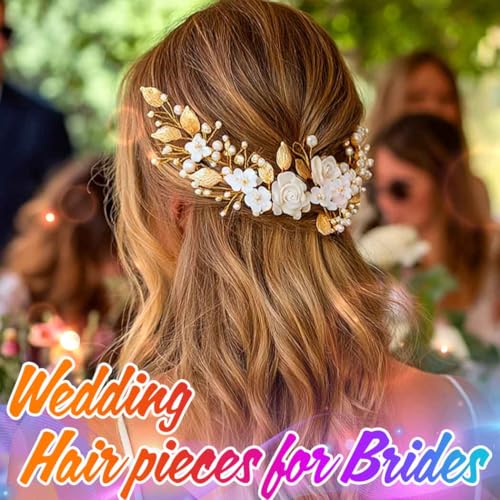 Gold Flower Bride Wedding Hair Vine with Pearls & Rhinestones