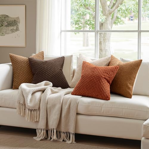 MIULEE 18x18 Decorative Corduroy Pillow Covers - Pack of 2, Dark Brown Striped for Modern Farmhouse Decor