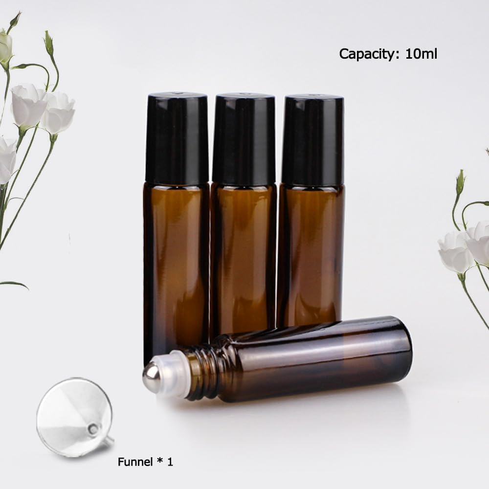Essential Oil Roller Bottles - 4 Pack 10ml Amber Glass with Stainless Steel Caps | Travel Perfume & Lip Gloss