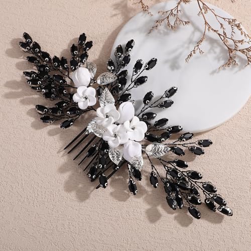 Black Rhinestone Wedding Hair Comb with White Flower Bridal Headpiece