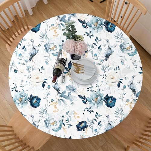 Round Elastic Tablecloth for 36-44" Tables - Blue Flower & Bird Design