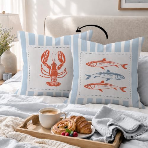 Coastal Beach Lobster Fish Pillow Cover 18x18 - Blue Marine Decor