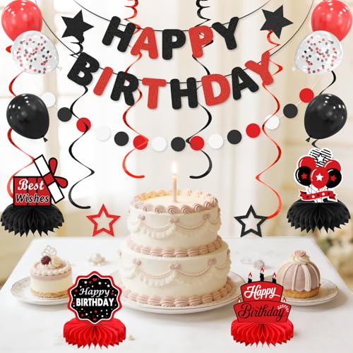 Red & Black Birthday Decoration Set for All Ages - 22 Balloons, Banner, Swirls & More