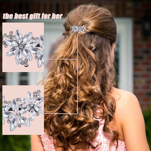 SHEHARUHI 10pcs Crystal Flower Bridal Hair Clips, Silver Rhinestone Barrette Set