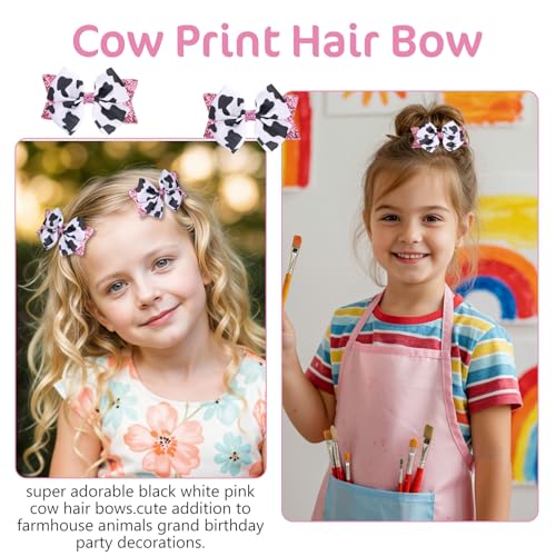 Cow Print Hair Bows Clips - 2 Pack Pink Grosgrain for Girls