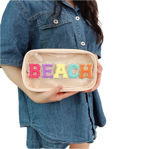 Clear Chenille Letter Makeup Bag - Waterproof Beach Pouch for Travel