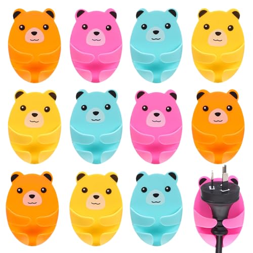Cute Bear Cable Clips - 12pcs Adhesive Power Plug Hooks for Cord Management