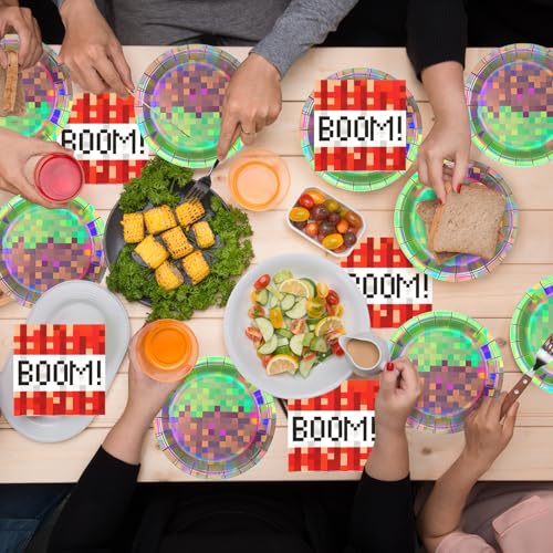 Pixel Party Plates and Napkins Set - 50 Pcs Disposable Tableware