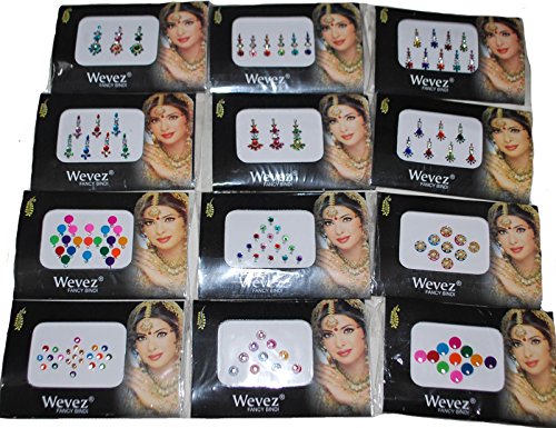 Wevez 12 Pack Self-Adhesive Bindi Stickers – Traditional Forehead Bindis for Festive Wear