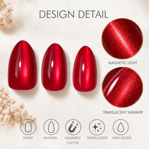 VSALON Short Almond Press-On Nails with Red Cat Eye Glow - Pulse Red, 16 Sizes