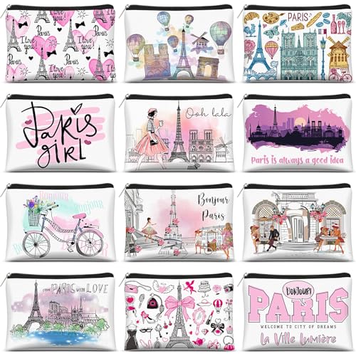 Reginary 12-Pack Paris Souvenir Makeup Bags for Women, Zippered Cosmetic Pouches