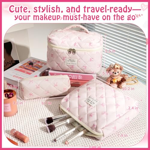 3pcs Pink Slimbow Cotton Quilted Makeup Bag Set for Travel