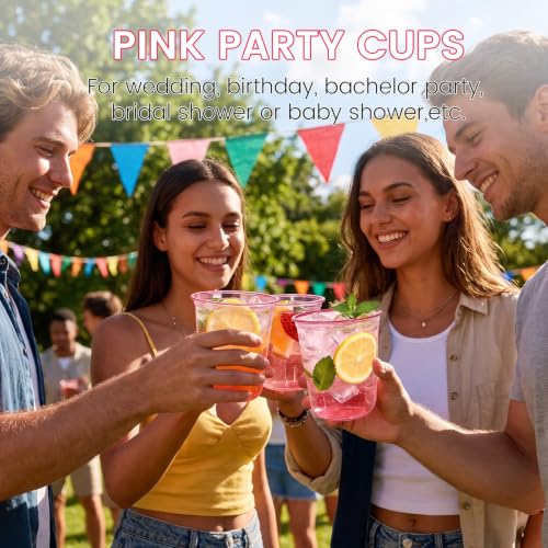 50 Pack 12oz Pink Plastic Cups - Disposable Cocktail & Wine Glasses