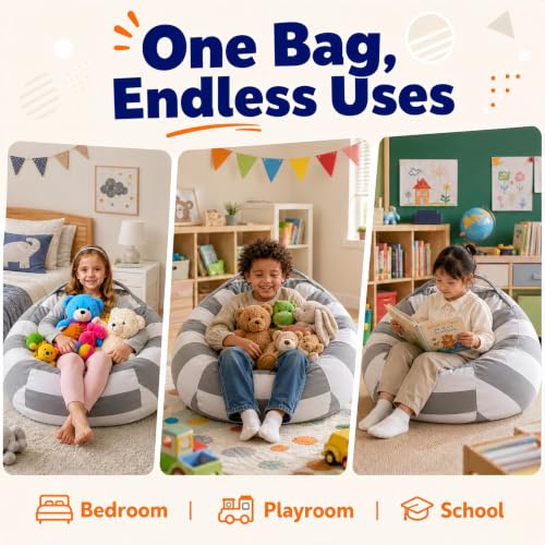 Amzlink Kids' Stuffed Animal Storage Bean Bag Chair Cover - XL Cotton Canvas