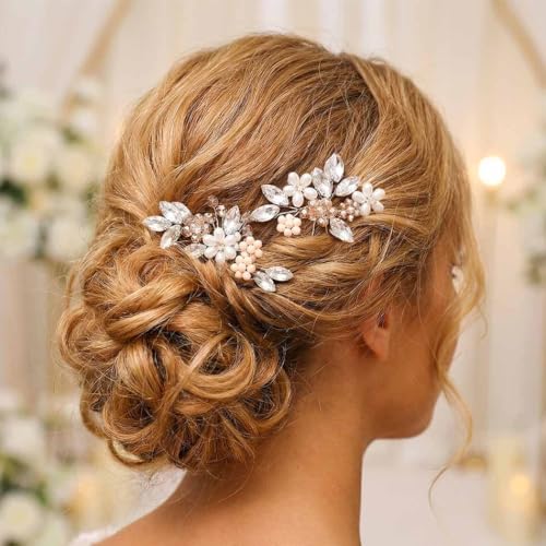 Unicra Bridal Flower Hair Pins - Rose Gold Crystal & Pearl Wedding Clips (2)
