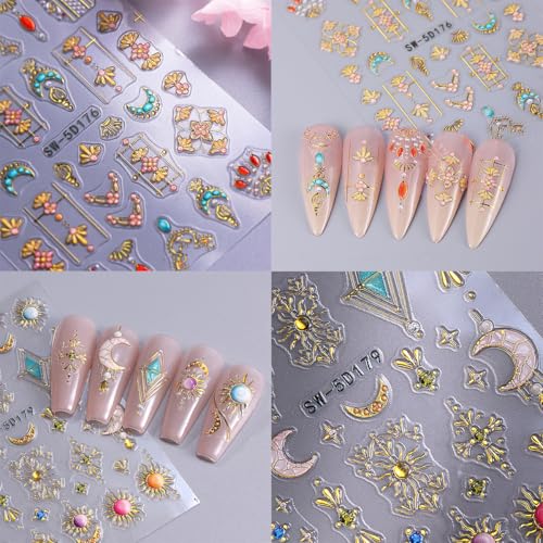 Bohemian Nail Decals 2 Sheets Sun & Moon Embossed Star Stickers Self-Adhesive