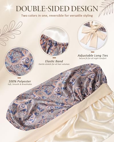 AWAYTR Long Satin Bonnet for Sleeping - Cashew Flower Reversible Sleep Cap