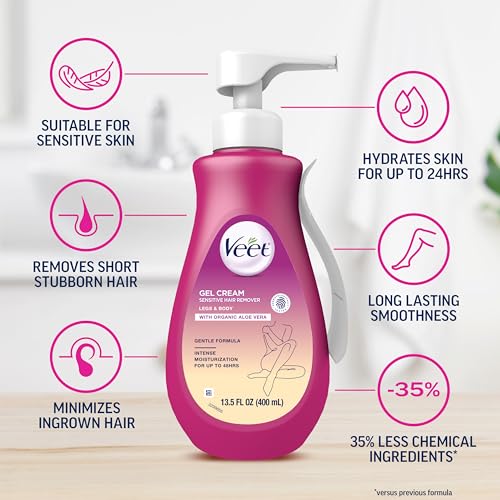 Veet Sensitive Skin Hair Removal Cream For Women, Painless Bikini Hair Removal Gel, Dermatologically Tested Depilatory Cream For Bikini Line, Legs, Arms, Underarms, 13.5 FL OZ Pump Bottle with Tool