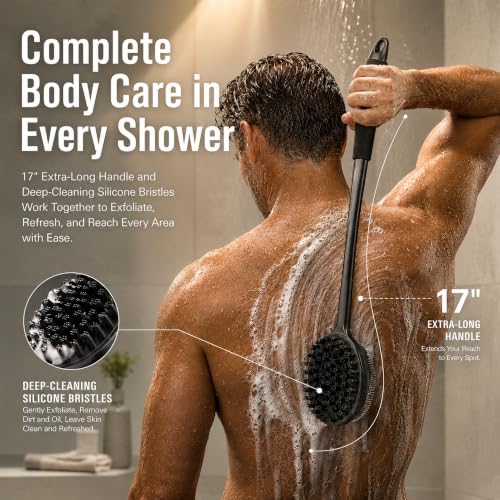 CYMPHW Black Silicone Back Scrubber with 17-Inch Long Handle - Double-Sided Body Brush