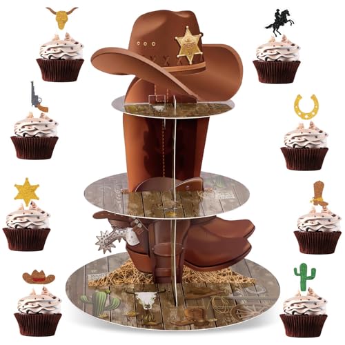3-Tier Western Cowboy Cupcake Stand with 24 Toppers - Birthday Party Decoration