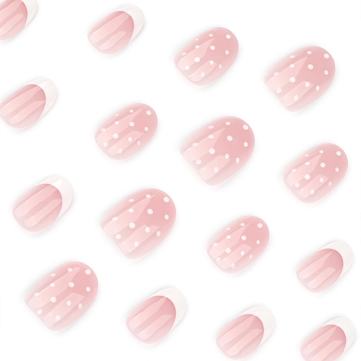 LRKNNO Polka Dot Press on Nails Short Almond Fake Nails White French Tip False Nails with Nude Pink Design Glossy Reusable Glue on Nails Cute Full Cover Acrylic Nails for Women Manicure 24Pcs