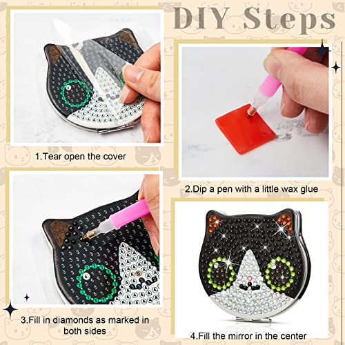 4 Pcs DIY Diamond Painting Compact Mirror Set - Cat Design Pocket Mirror