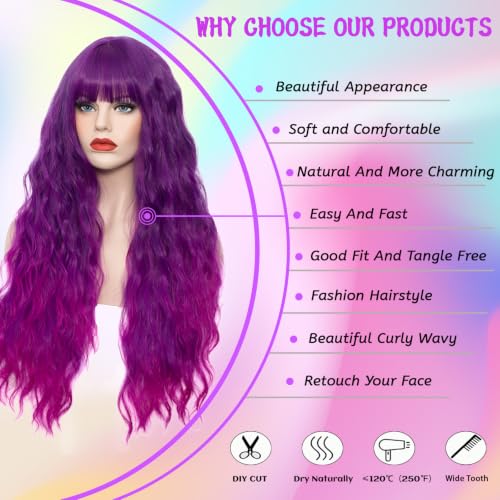 WGPFWIG Bright Purple Ombre Wig 27'' Curly Heat-Resistant Synthetic, Cap Included