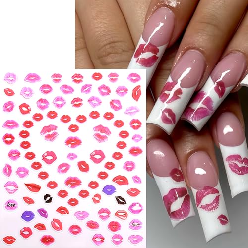 Valentine's Day Lip Nail Stickers - 6 Sheets Self-Adhesive Colorful Lip Decals for Manicure, Pink & Red Lips & Heart Design, Lip Variation