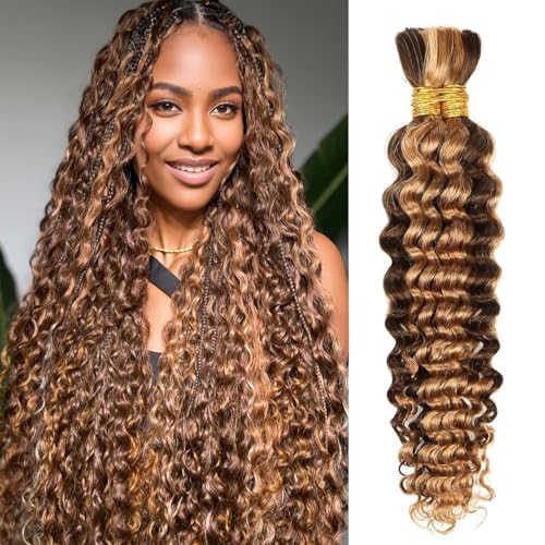 Human Braiding Hair - 14 Inch Ombre Highlight Deep Wave Bulk Extensions | Curly Bundles for Knotless Braids (4/27)